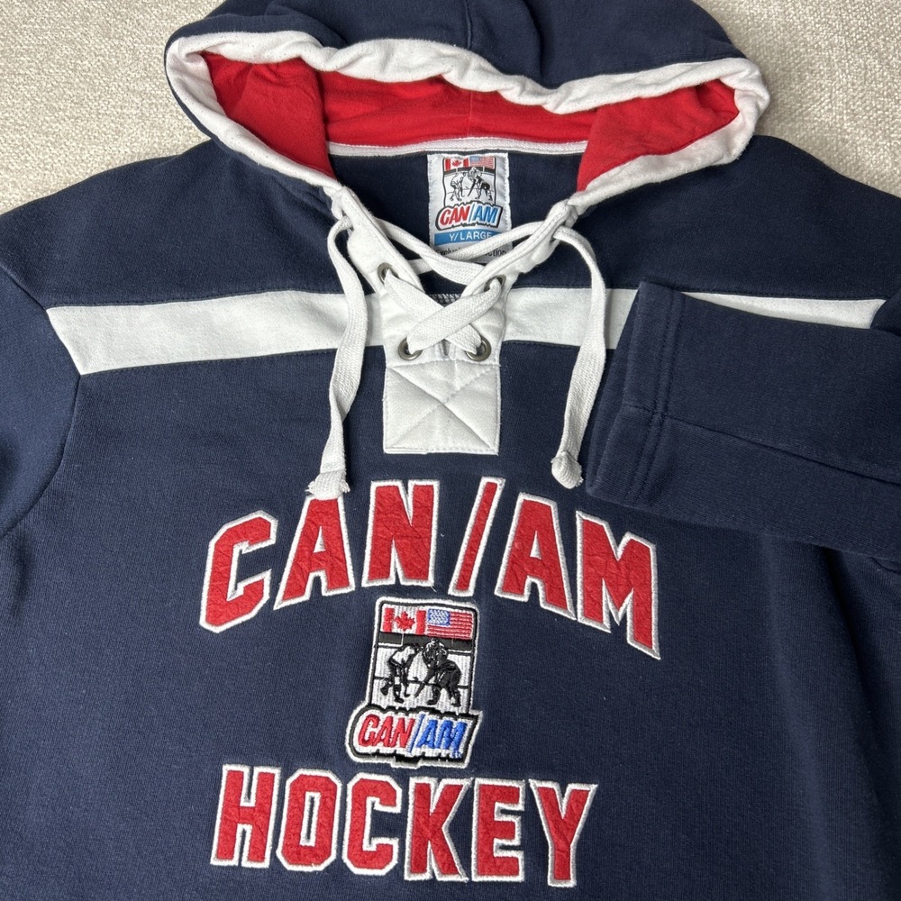 Can/Am Hockey Lake Placid‎ NY Lace Up Hoodie Navy Blue Youth Large Y/Large